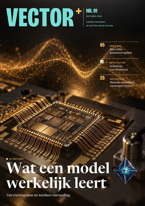 Voorpagina van VECTOR nr. 01: Wat een model werkelijk leert. Van trainingsdata tot toetsbare voorspelling. Ook: Een echte parameterupdate (blz. 5), Attention van binnenuit (blz. 10), Neurale netwerken ontmoeten fysica (blz. 29).