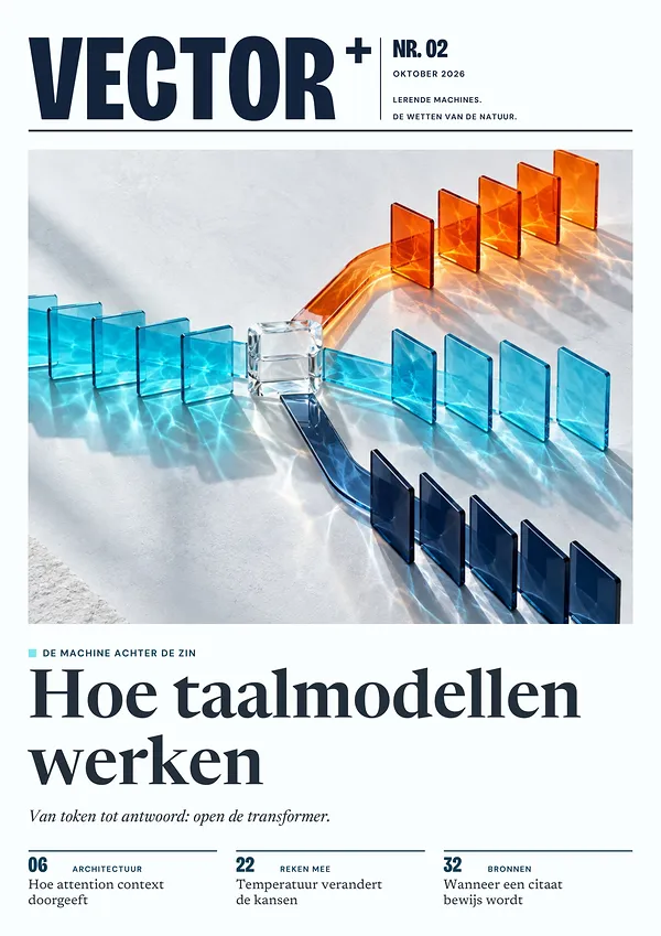 Voorpagina van VECTOR nr. 02: Hoe taalmodellen werken. Van token tot antwoord: open de transformer. Ook: Hoe attention context doorgeeft (blz. 6), Temperatuur verandert de kansen (blz. 22), Wanneer een citaat bewijs wordt (blz. 32).