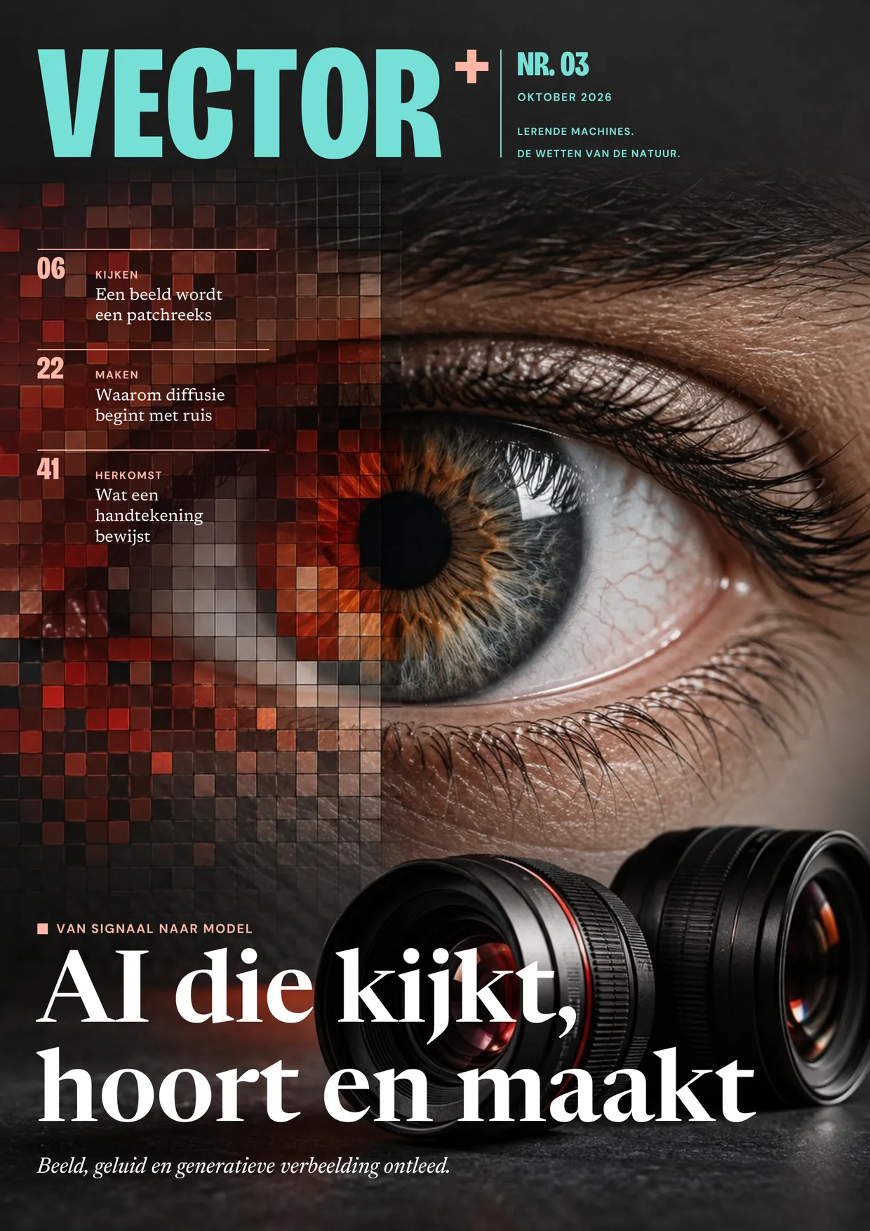 Voorpagina van VECTOR nr. 03: AI die kijkt, hoort en maakt. Beeld, geluid en generatieve verbeelding ontleed. Ook: Een beeld wordt een patchreeks (blz. 6), Waarom diffusie begint met ruis (blz. 22), Wat een handtekening bewijst (blz. 41).