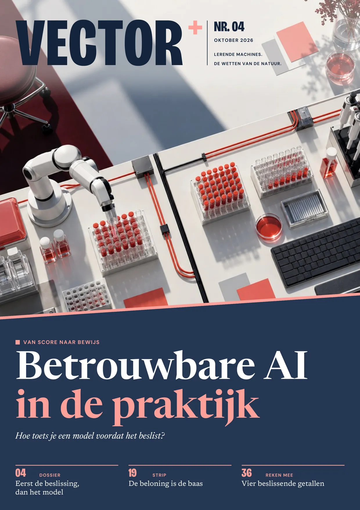 Voorpagina van VECTOR nr. 04: Betrouwbare AI in de praktijk. Hoe toets je een model voordat het beslist? Ook: Eerst de beslissing, dan het model (blz. 4), De beloning is de baas (blz. 19), Vier beslissende getallen (blz. 36).