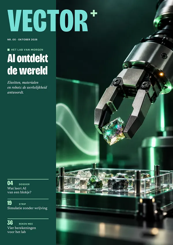 Voorpagina van VECTOR nr. 05: AI ontdekt de wereld. Eiwitten, materialen en robots: de werkelijkheid antwoordt. Ook: Wat leert AI van een blokje? (blz. 4), Simulatie zonder wrijving (blz. 19), Vier berekeningen voor het lab (blz. 36).