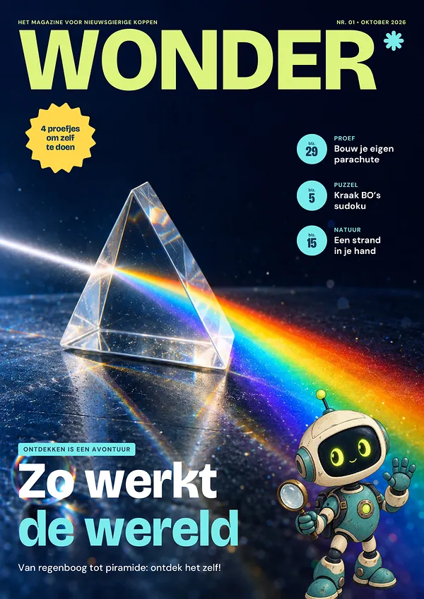 Voorpagina van WONDER nr. 01: Zo werkt de wereld. Van regenboog tot piramide: ontdek het zelf! Ook: Bouw je eigen parachute (blz. 29), Kraak BO’s sudoku (blz. 5), Een strand in je hand (blz. 15).