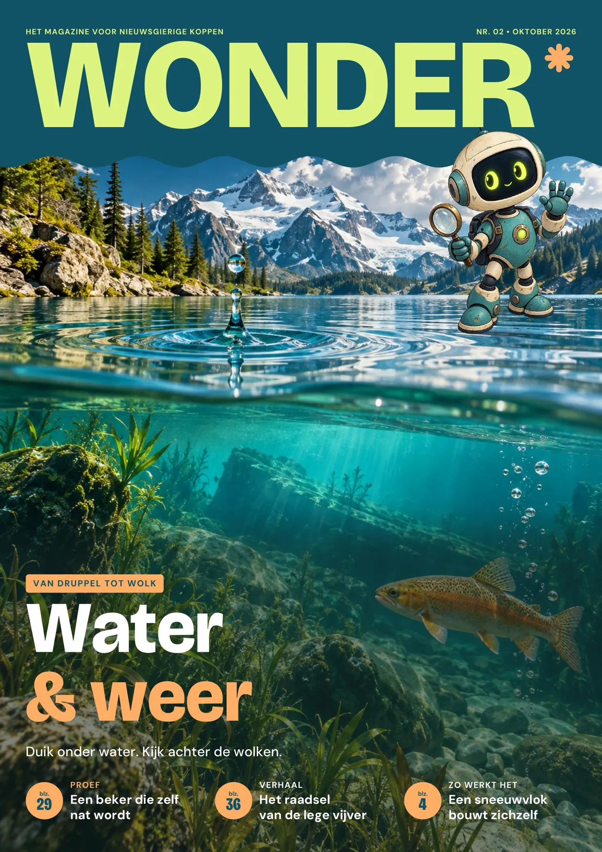 Voorpagina van WONDER nr. 02: Water & weer. Duik onder water. Kijk achter de wolken. Ook: Een beker die zelf nat wordt (blz. 29), Het raadsel van de lege vijver (blz. 36), Een sneeuwvlok bouwt zichzelf (blz. 4).
