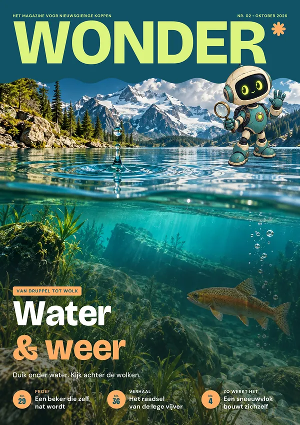 Voorpagina van WONDER nr. 02: Water & weer. Duik onder water. Kijk achter de wolken. Ook: Een beker die zelf nat wordt (blz. 29), Het raadsel van de lege vijver (blz. 36), Een sneeuwvlok bouwt zichzelf (blz. 4).