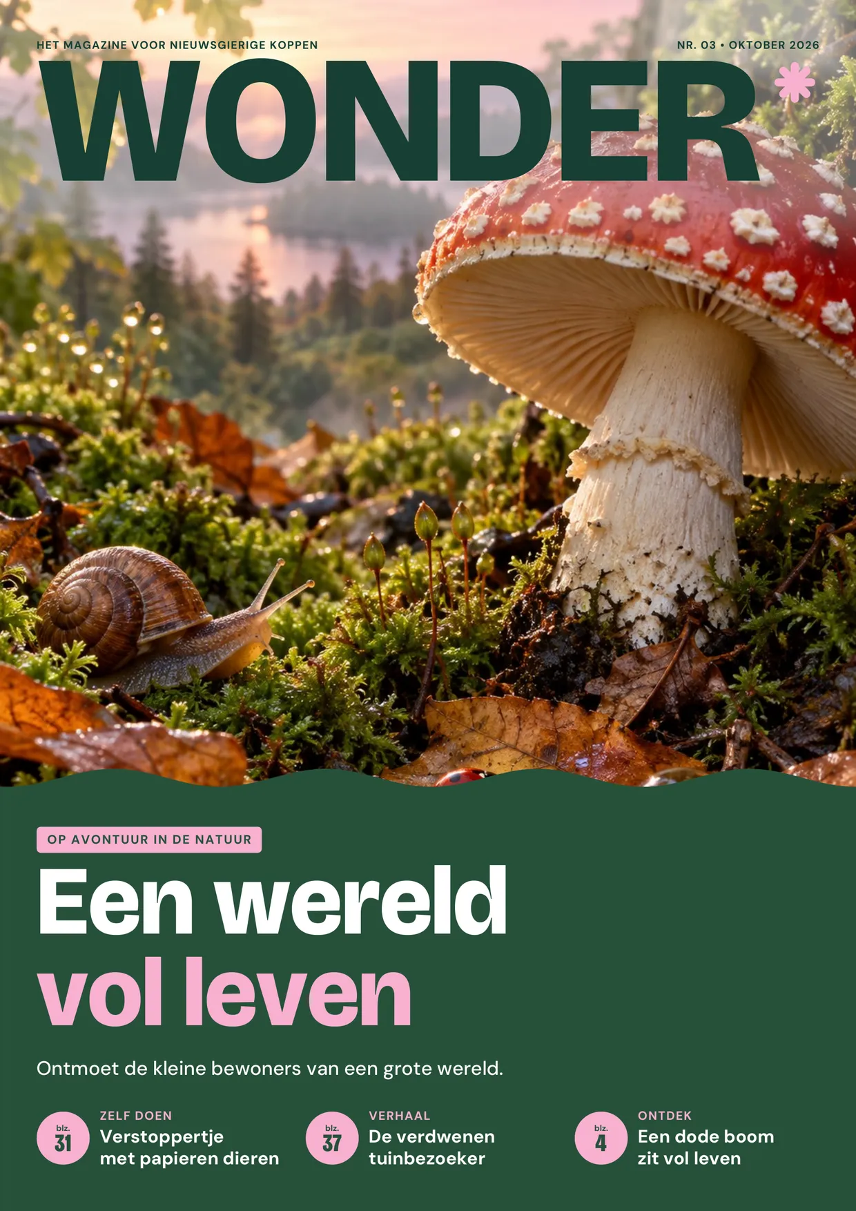 Voorpagina van WONDER nr. 03: Een wereld vol leven. Ontmoet de kleine bewoners van een grote wereld. Ook: Verstoppertje met papieren dieren (blz. 31), De verdwenen tuinbezoeker (blz. 37), Een dode boom zit vol leven (blz. 4).