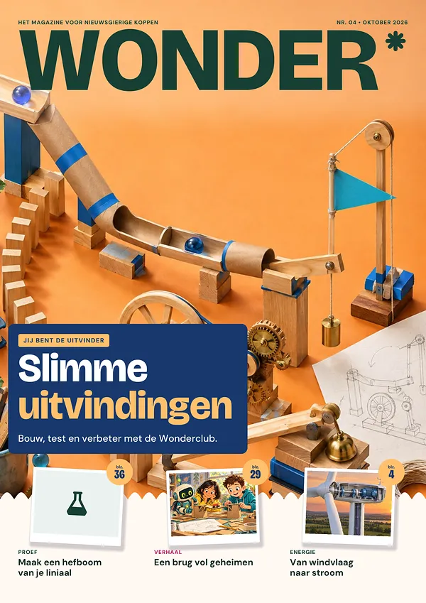 Voorpagina van WONDER nr. 04: Slimme uitvindingen. Bouw, test en verbeter met de Wonderclub. Ook: Maak een hefboom van je liniaal (blz. 36), Een brug vol geheimen (blz. 29), Van windvlaag naar stroom (blz. 4).