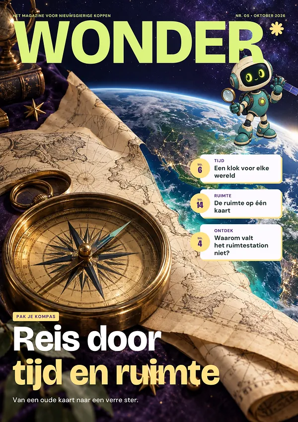 Voorpagina van WONDER nr. 05: Reis door tijd en ruimte. Van een oude kaart naar een verre ster. Ook: Een klok voor elke wereld (blz. 6), De ruimte op één kaart (blz. 14), Waarom valt het ruimtestation niet? (blz. 4).