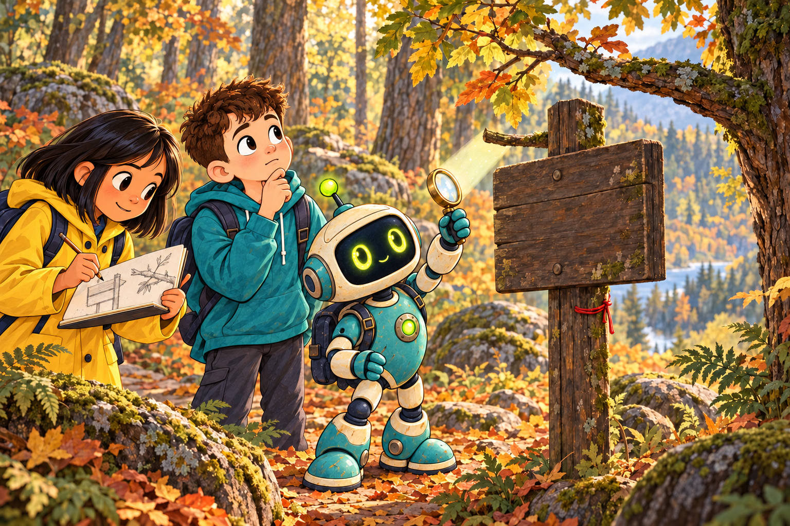 Illustratie: Noor tekent, Bram denkt na en robot BO bekijkt met een loep een routebord op een paal onder een tak