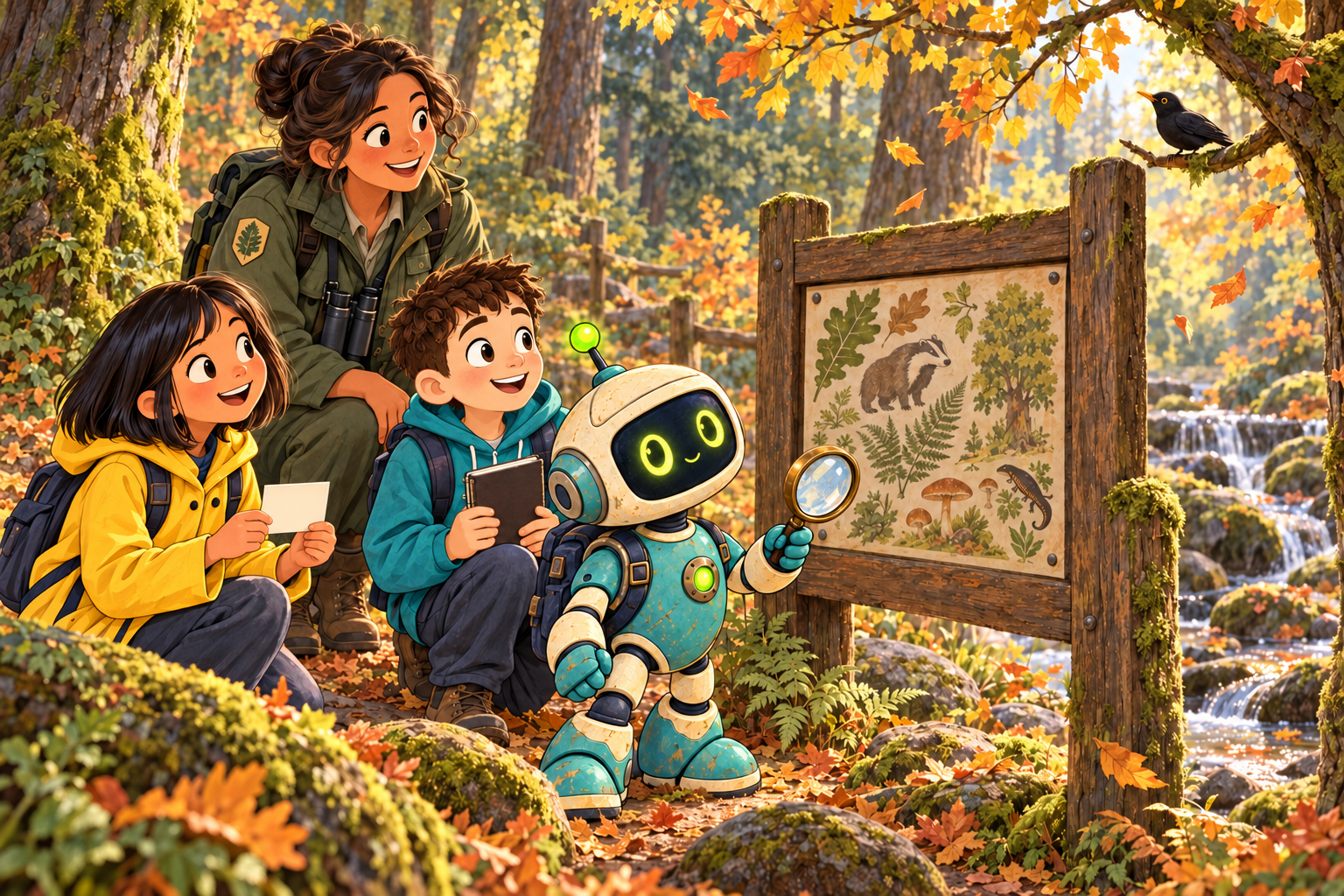Illustratie: Noor, Bram, BO en boswachter Ada bij een informatiebord met natuurtekeningen, naast een beekje