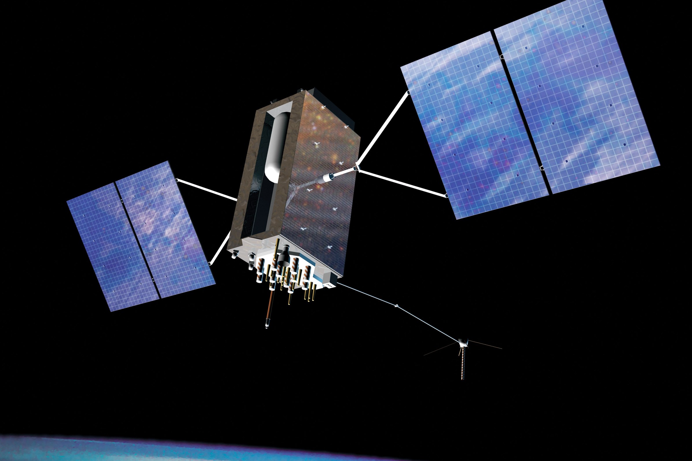Artistieke impressie van een GPS III-satelliet met zonnepanelen boven de aarde