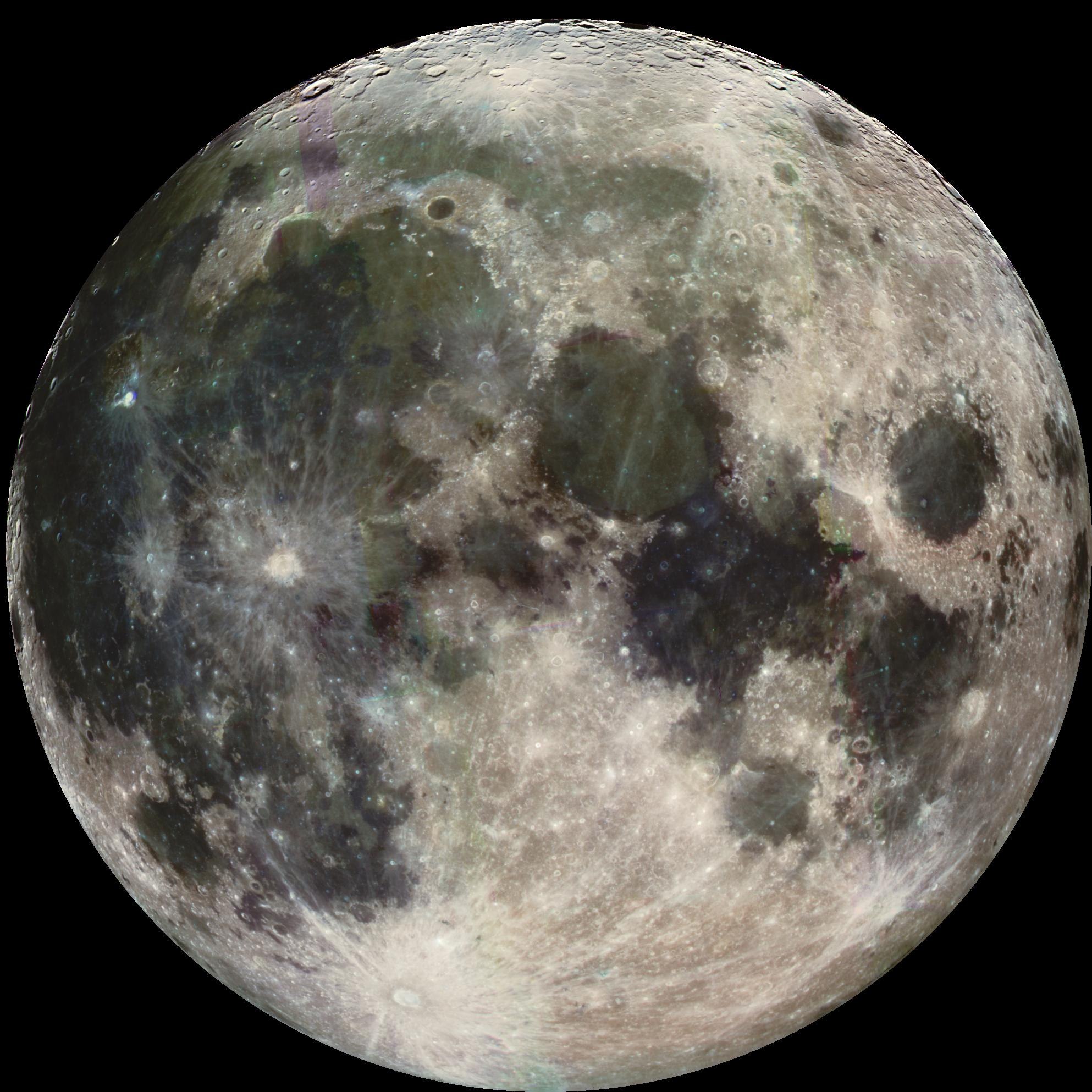 De volle maan, gefotografeerd door de ruimtesonde Galileo, met versterkte kleuren