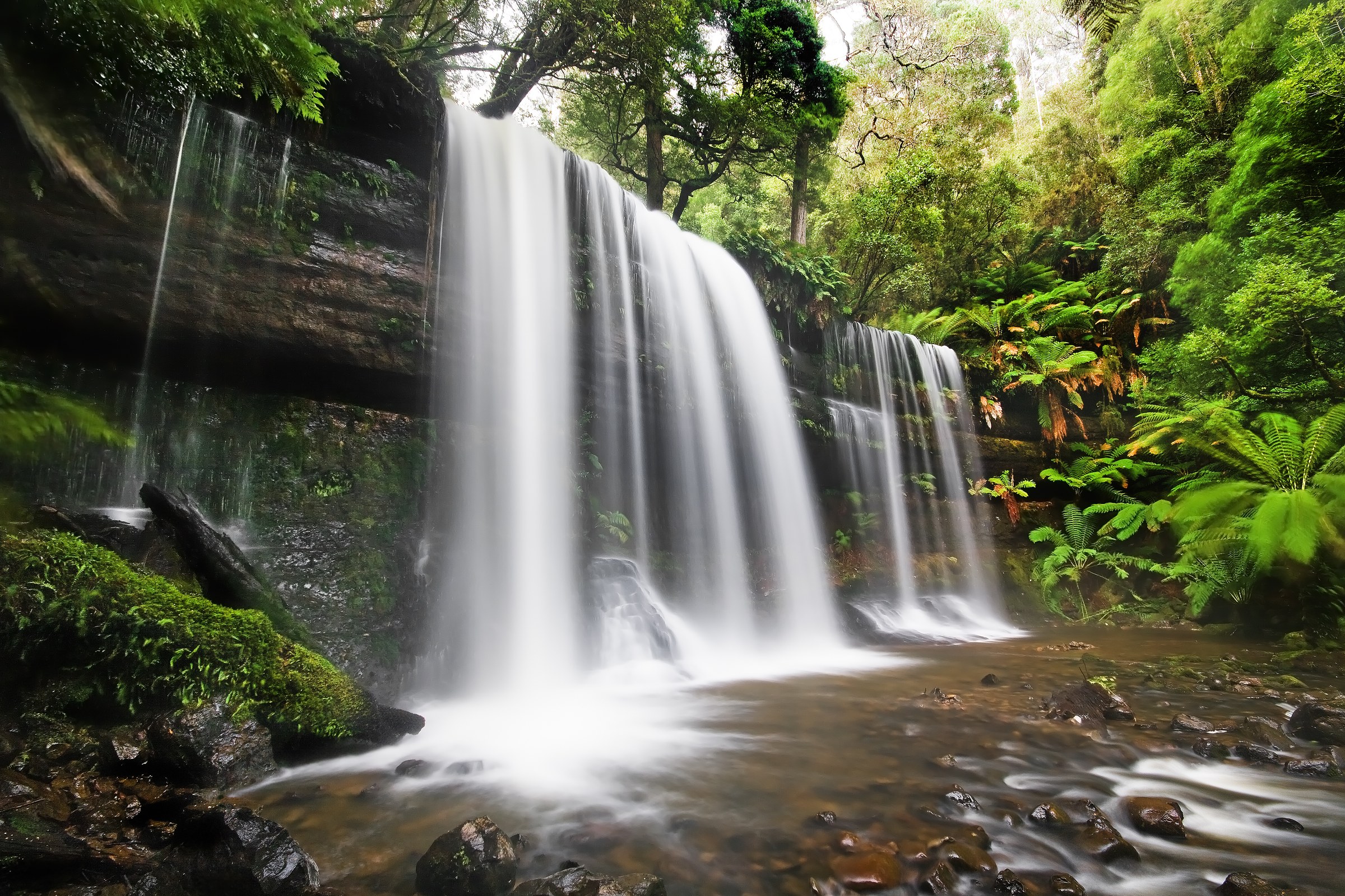 Een brede waterval die over een rotsrand in een varenbos naar beneden valt