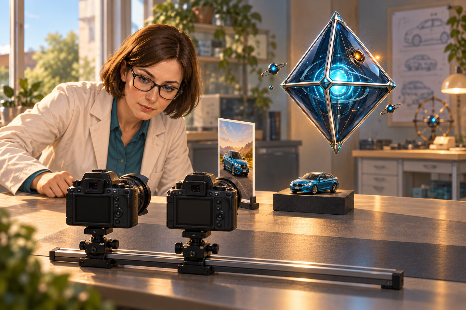 Twee naast elkaar geplaatste camera’s kijken naar een platte autokaart en een ruimtelijke miniatuur
