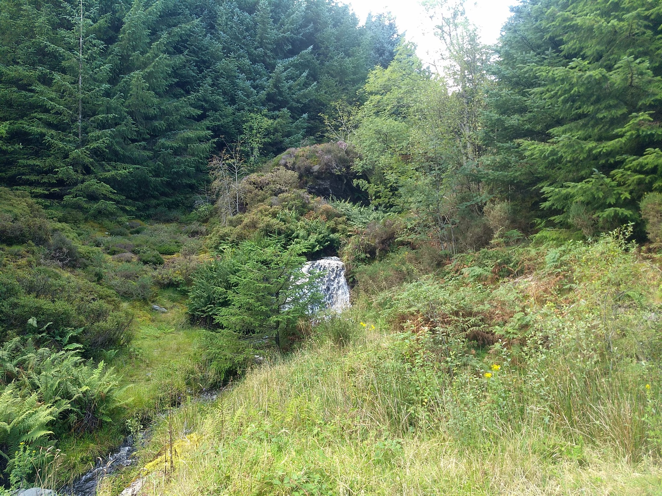 Foto van een waterval met lichte waterstromen en donkere rotsen