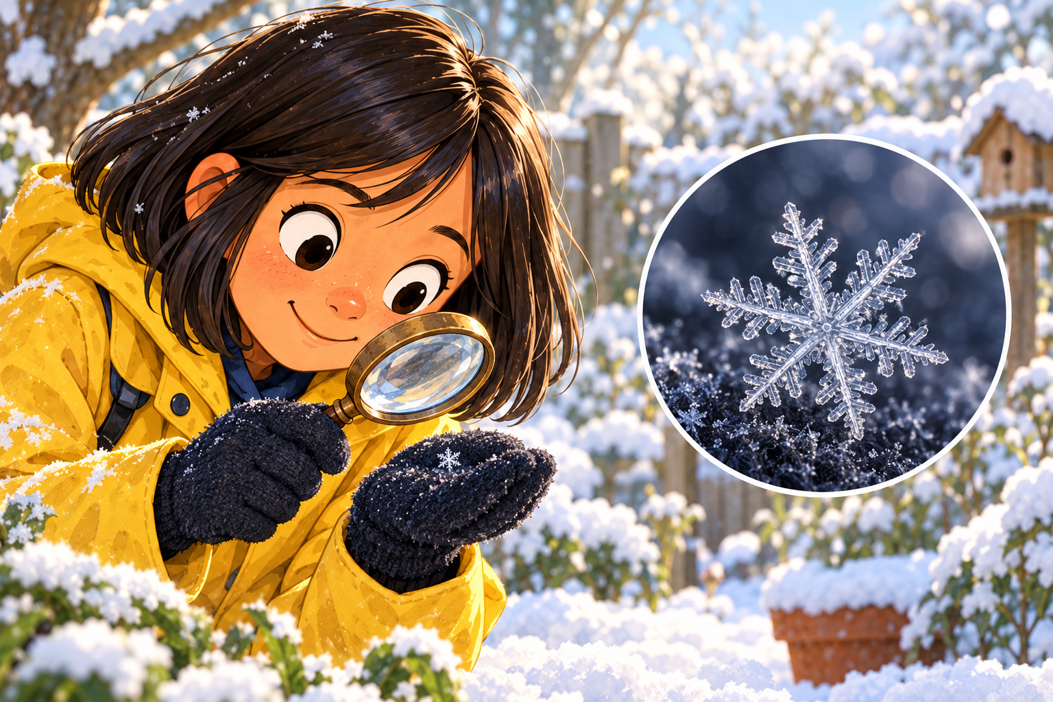 Noor bekijkt een klein sneeuwkristal op haar handschoen; een aparte vergroting toont zes hoofdarmen.