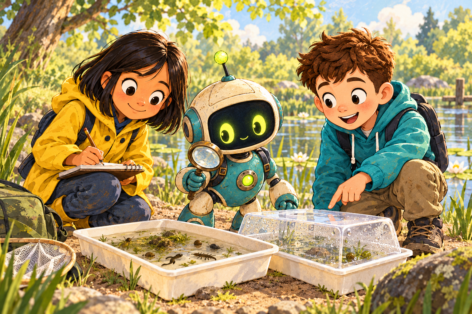 Fictieve voorstelling van BO’s eerste ongeteste idee: Noor, Bram en BO bij waterbakjes met tuindiertjes. Het echte meetonderzoek in het verhaal gebruikt alleen bakjes zonder dieren.