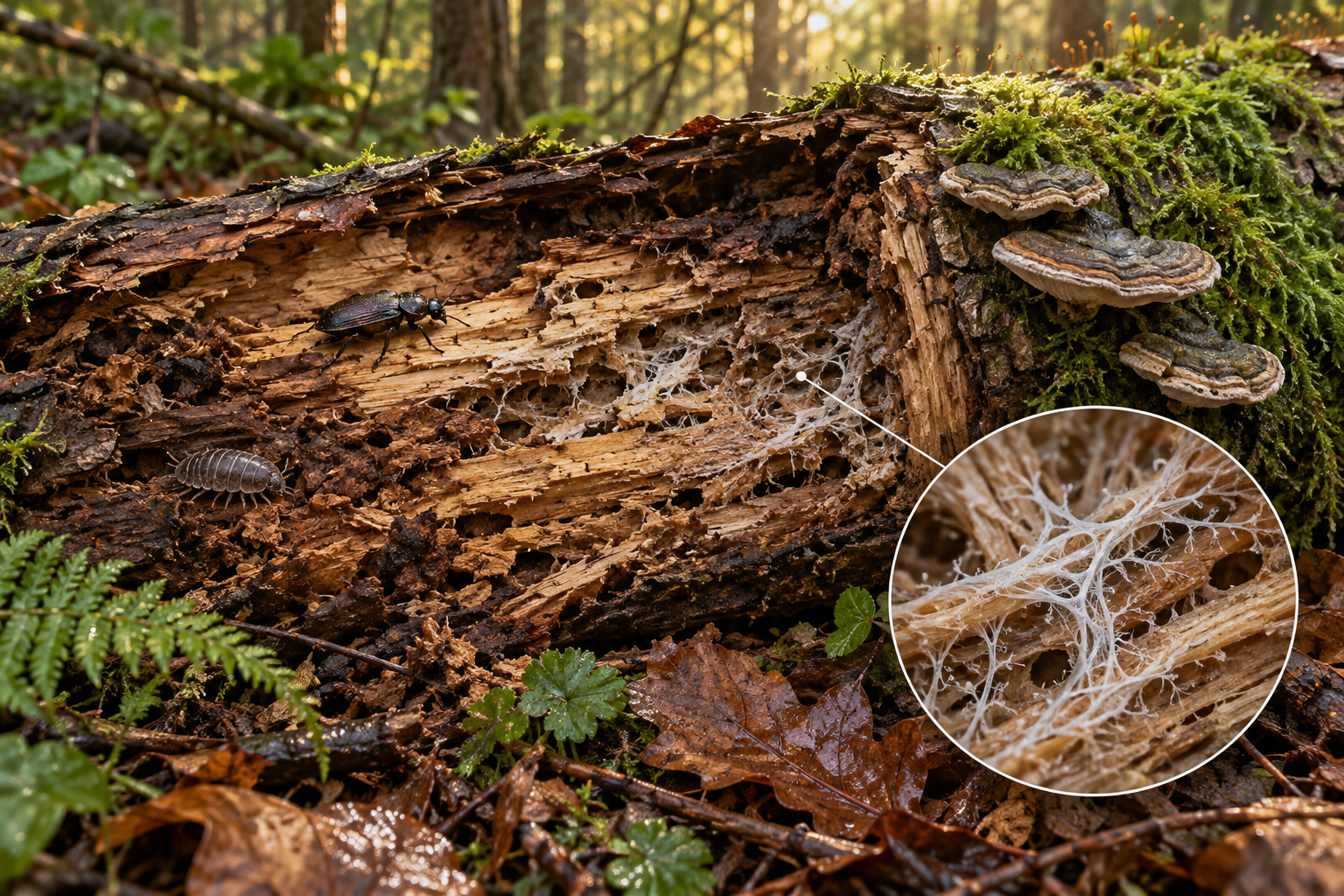 Fictieve natuurillustratie van zwammen en kleine bewoners bij een dode stam