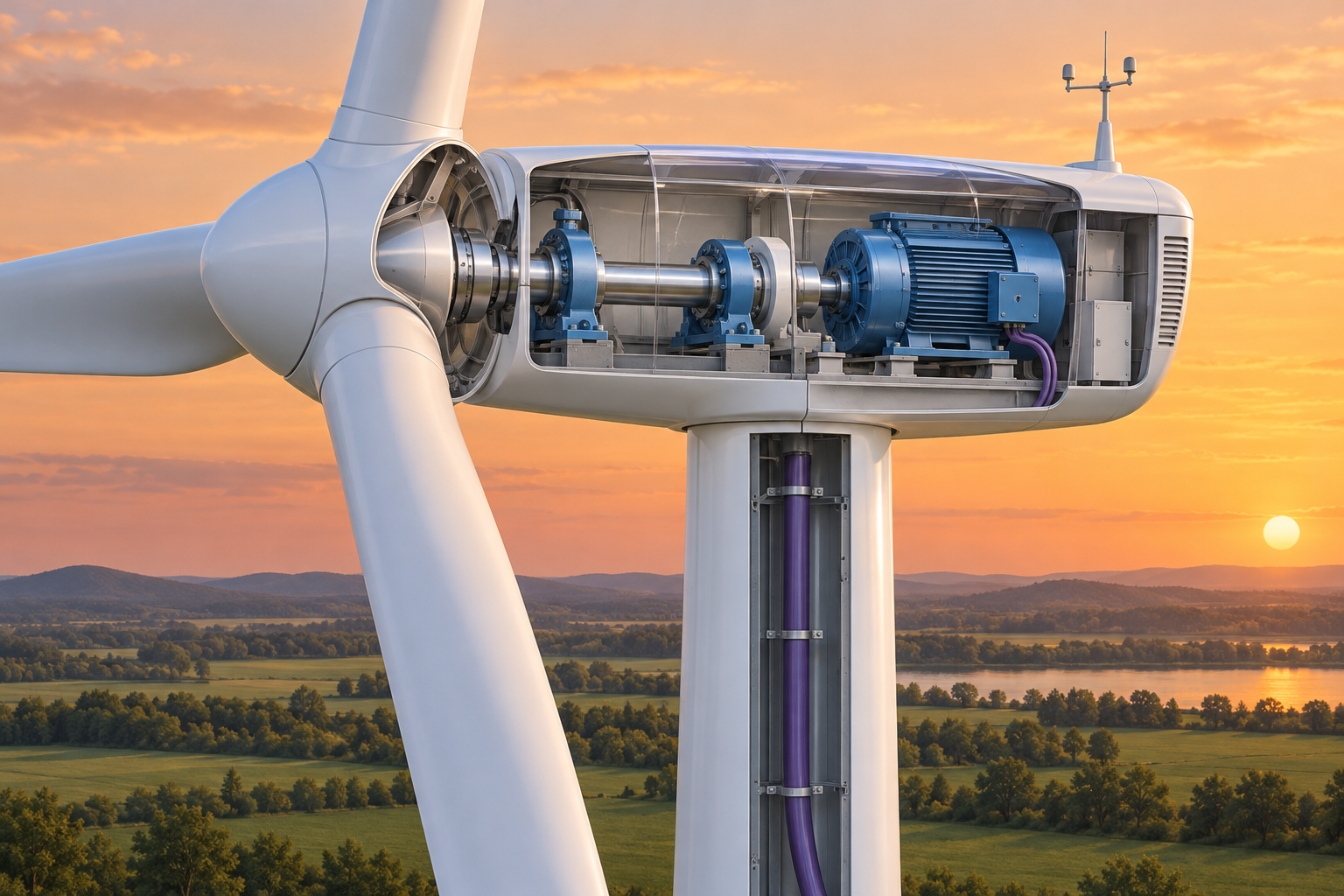 Fictieve educatieve doorsnede van een windturbine met rotor, as, generator en kabel